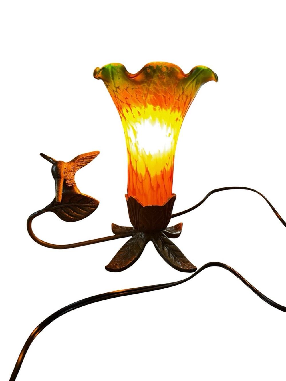 Art Nouveau Tiffany Style Tulip Lamp W/ Hummingbird Brass Lamp 10" Bronze Finish